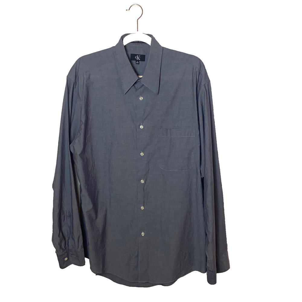 Vtg Y2K Calvin Klein Mens Button Shirt Sz 16 34/35 Blue/Gray Cotton Lightweight